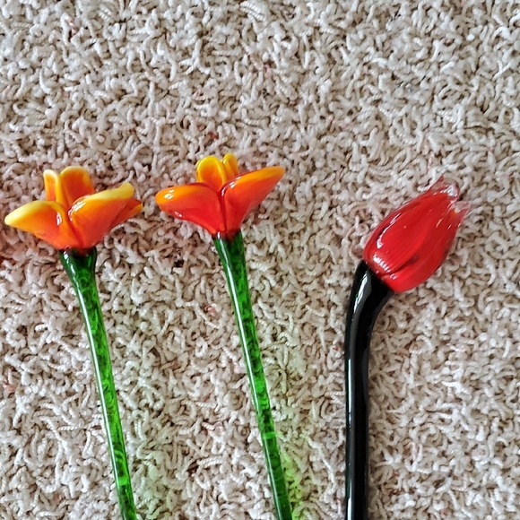 Murano Glass 9  Red Orange Flowers. - Picture 5 of 7